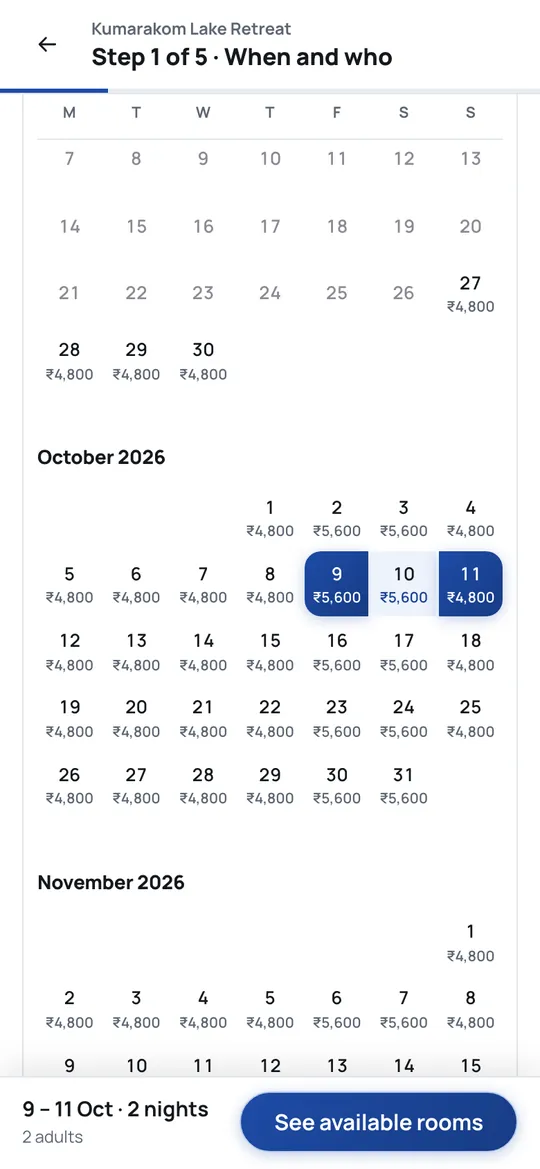 A calendar with the price of each night under the date, and 9 to 11 October selected