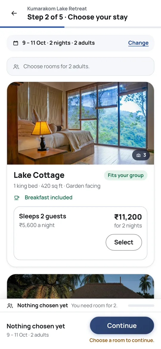 Rooms free on those dates, each with its photograph, what it sleeps and the total for the stay