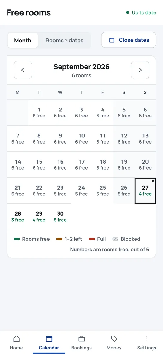 A month calendar showing how many rooms are free each night
