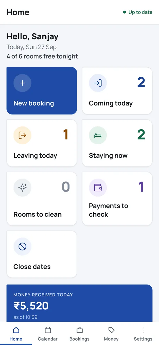 The resort app's home screen: 2 arriving, 1 leaving, 2 staying, 4 of 6 rooms free tonight