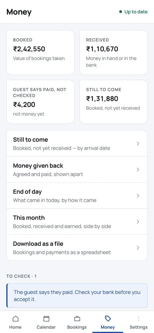 Money: booked, received, claimed but not checked, and still to come, each named